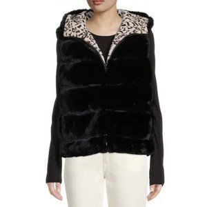 ADRIENNE LANDAU Size L Reversible Faux Fur Hooded Vest Black / Animal print New.
